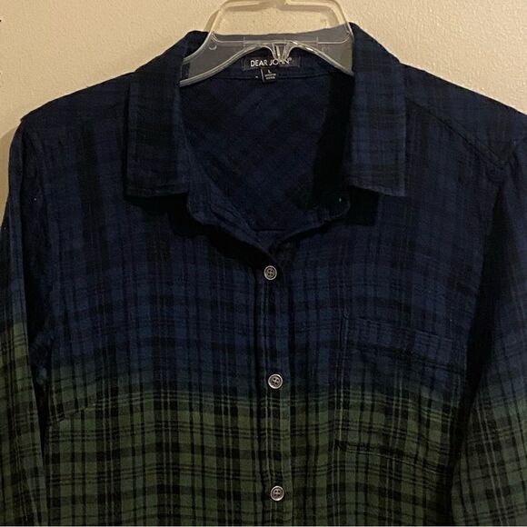 Women’s Dear John Long Sleeve Button Down Plaid Blue Green Size L Pockets - Picture 2 of 12